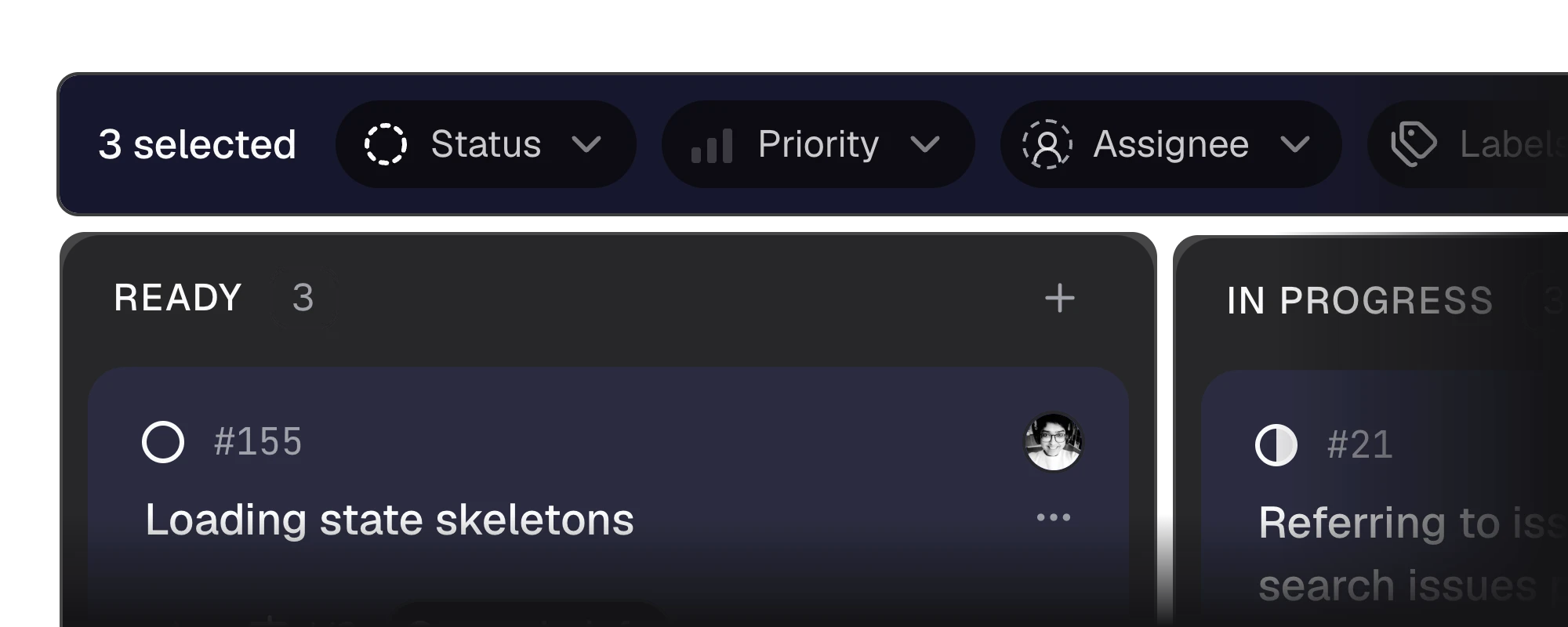 Gitsu bulk toolbar showing 3 selected items and Status, Priority, Assignee and Labels controls