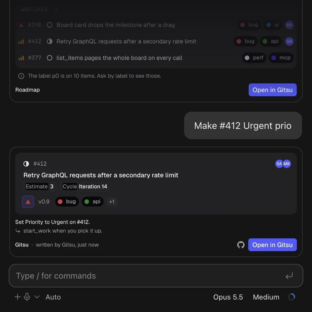 Gitsu showing a filtered project table with issues selected